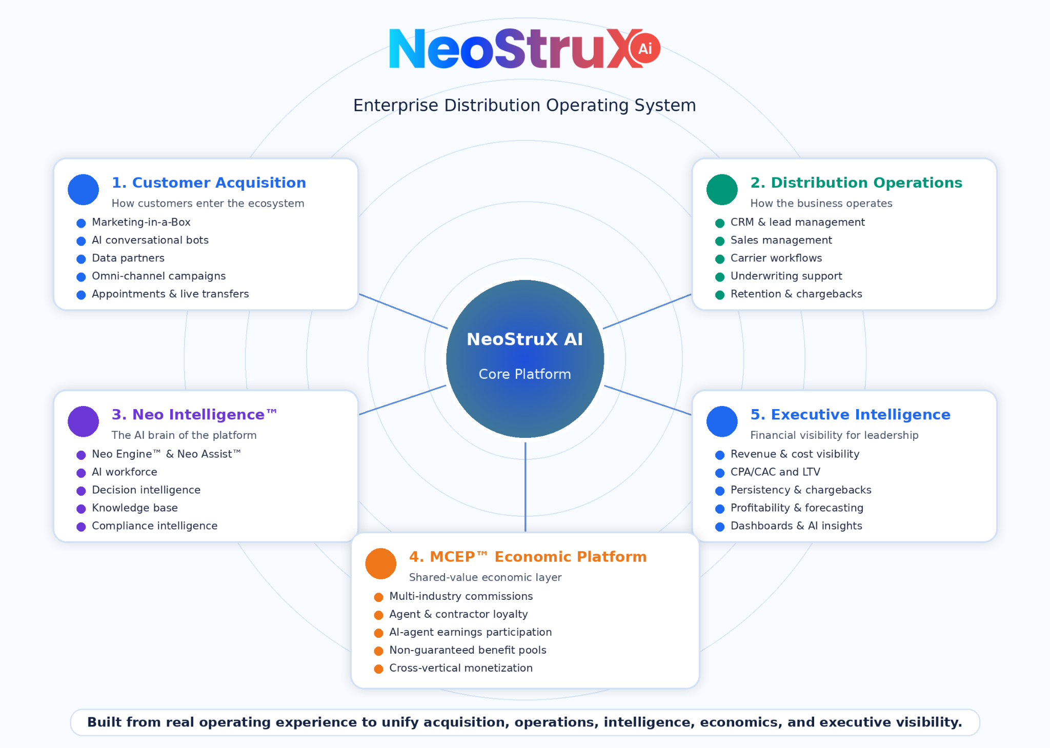 NeoStruX AI high-level ecosystem map showing five business domains